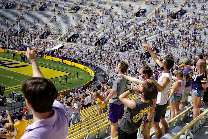 A reduced-capacity crowd cheers on LSU vs. Mississippi State